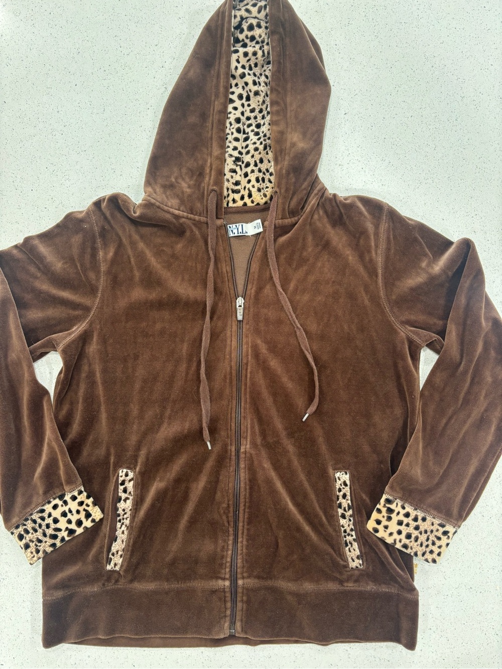 New York Laundry Women’s Brown Y2K Velour Zip-Up Hoodie with Leopard Trim Medium
